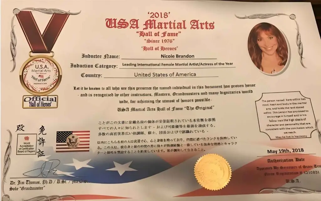 Nicole Brandon Founder of Arthritis Free Living Martial Arts of Hall of Fame certificate